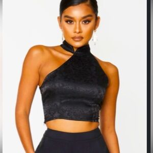 Black satin high neck crop